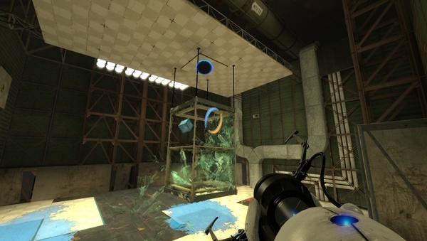 Portal 2 : Der Wüfel sprengt den Glaskasten, sobald er mit blauem Gel in Berührung kommt.