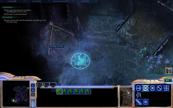Komplettlösung zu StarCraft 2 : Der zweite Schrein liegt im Südwesten der Karte. Aktivieren Sie ihn und setzen dann die Reise fort.